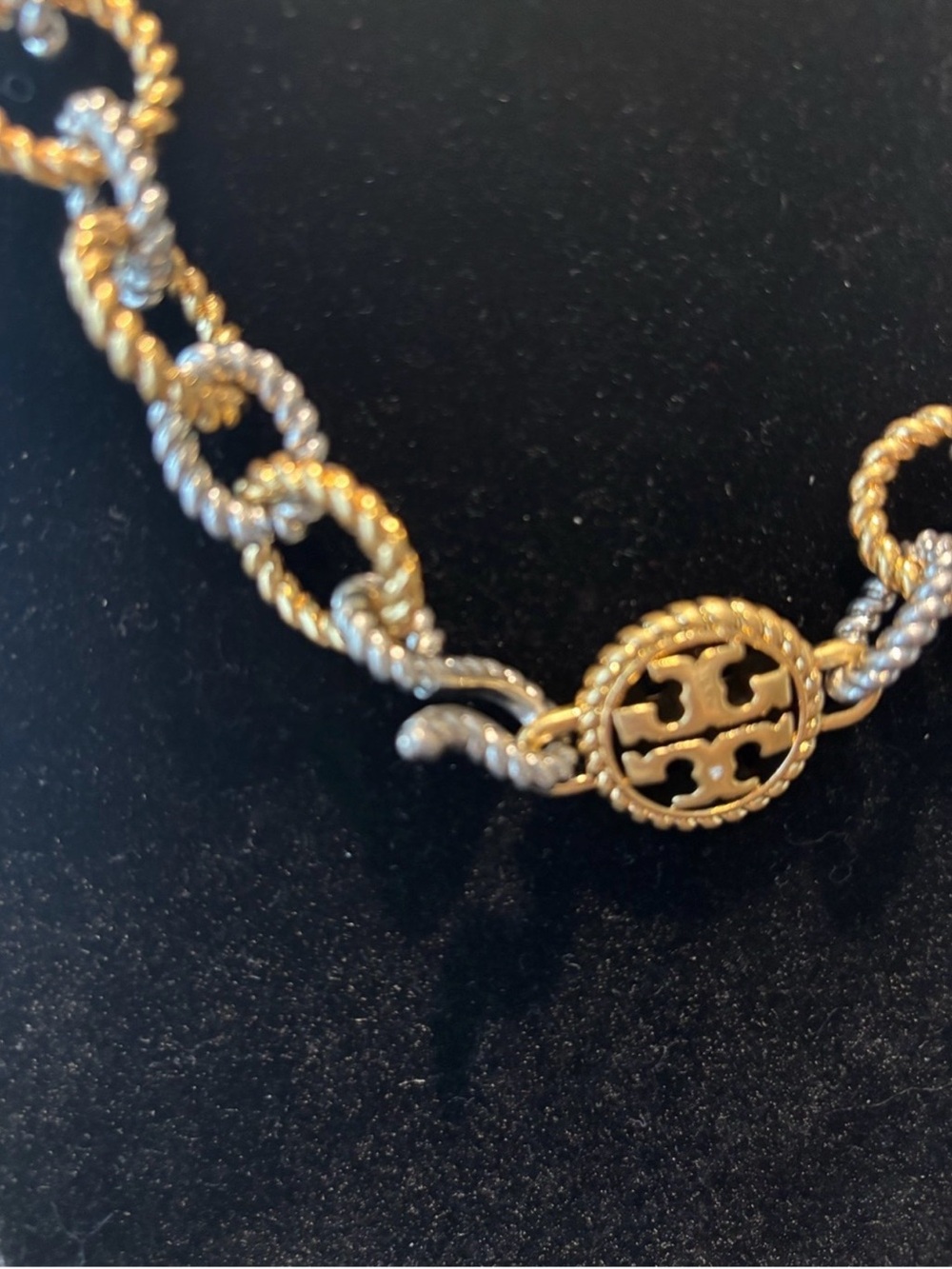 Tory Burch Two-Tone Gold and Silver Rope Chain Necklace with Logo Medallion - Picture 3 of 4